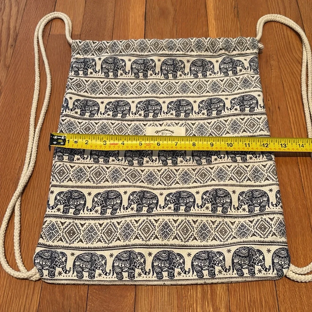 Handmade tum-thai canvas elephant print backpack with rope shoulder straps